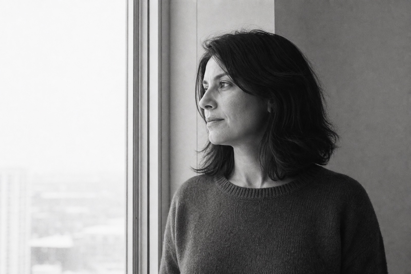 A woman at a window, mid-thought, morning light